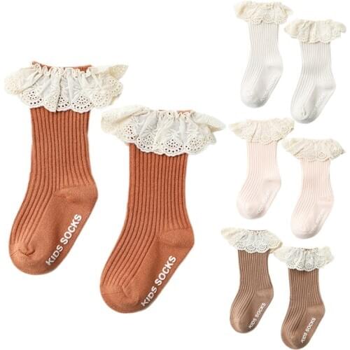 Infant Baby Girls Knee High Socks Ruffled Lace Ribbed Non-Skid Cotton Stockings P31B
