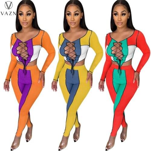 VAZN 2021 Spring Fashion Women Street Girl Style Long Sleeve Round Neck Hollow Out Dew Waist Top Elastic Long Pants 2 Piece Sets