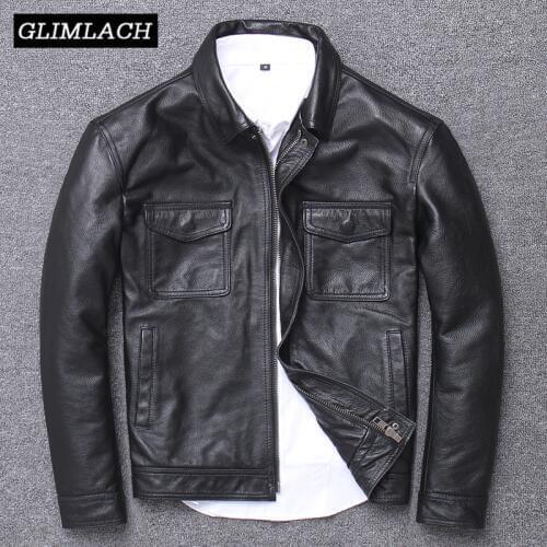 Men Vintage Genuine Cow Leather Jacket Casual Motorcycle Bomber Flight Jacket Cowskin Real Leather Aviator Coat High Quality
