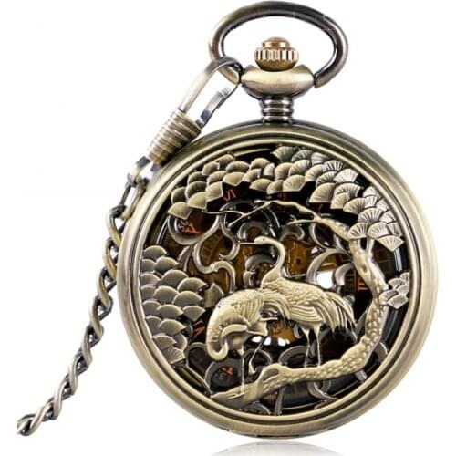 Bronze Hollow Double Crane Mechanical Pocket Watch Men Pendant Chain Clock Men Women Cool Gift Relogio De Bolso