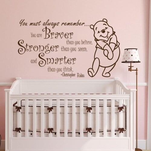 Cartoon Winnie Quote Wall Decal Braver Stronger Smarter Vinyl Window Sticker Kids Nursery Playroom Baby Room Home Decor Art E078