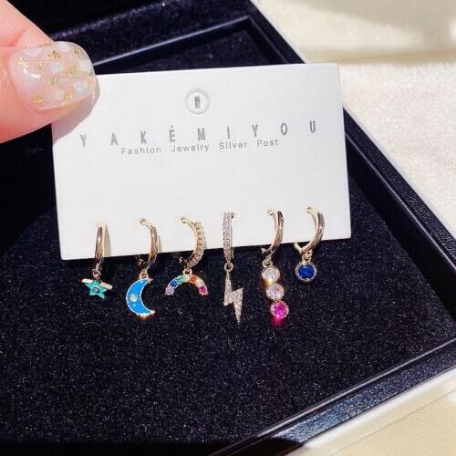 High-end Mixed Styles Women Drop Earrings Set Gold Color Multicolor Zirconia Rainbow Star Moon Earrings for Women
