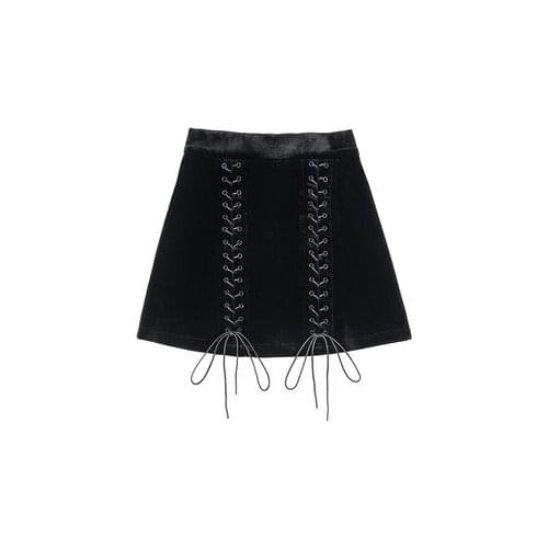 New Women Black Harajuku Vintage High Waisted Bandage Velvet Skirt Autumn Punk Gothic Fashion A-line Mini Skirt