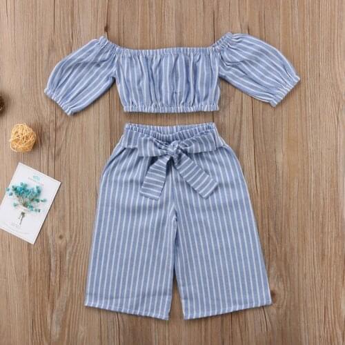 Newborn Toddler Baby Girls Fashion Sweet Summer 2PCS Sets Long Flare Sleeve Off Shoulder Blue Striped Tops Bow Pants Outfit 1-6Y