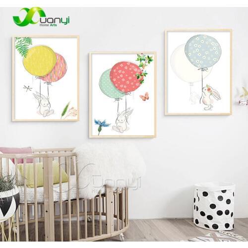 Nordic Cartoon Animal Rabbit Balloon Canvas Painting Wall Art Picture Nordic Poster Home Decor Picture For Kids Room Unframed