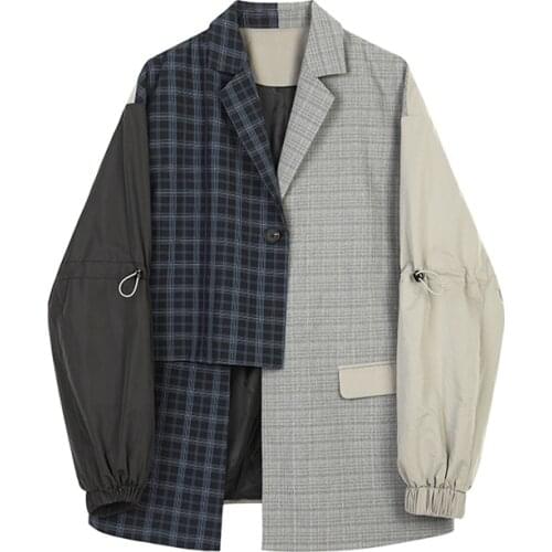 2021 Spring Autumn Blue Plaid Asymmetrical Big Size Blazer Women Lapel Long Sleeve Windbreaker Loose Fit Jacket Fashion Outwear