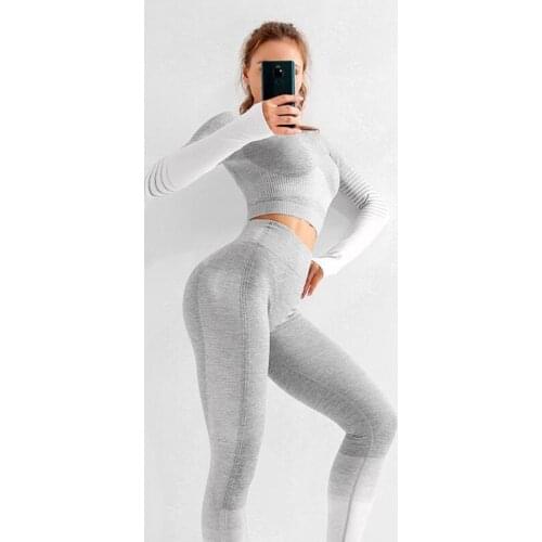 Seamless Yoga Set Women Feamle Stripe Long Sleeve Crop Top T-Shirt Leggings Sportsuit Workout Outfit Gym Wear Sport Set