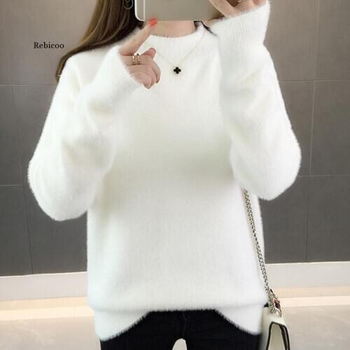 Women Sweater Pullover New Autumn Winter Clothes Half Turtleneck Imitation Mink Sweater Long-Sleeved Warm Knitted Jumper Female