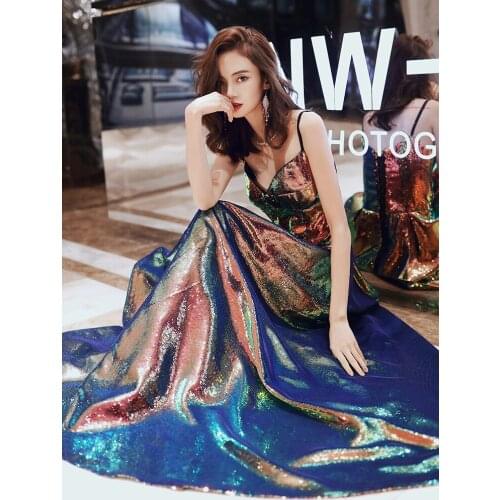 Womens Long Sequins Bling Bling Dress Hologram Glitter Longer Party Dress Elegant Rainbow Dresses Empire Waist Camin Dresses
