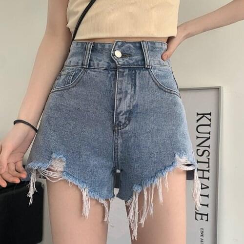 Zoki Fashion Blue Women Denim Shorts Jeans A Line Tassel Loose Hole Button Pocket Korean Thin All Match High Waist Street Summer