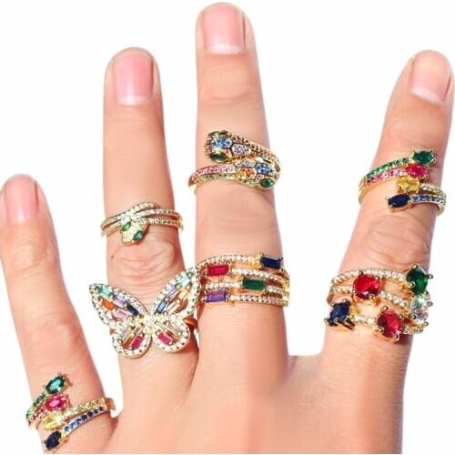 Gold rainbow CZ Snake butterfly Rings Animal wedding Engagement Ring femme Women for ring party gift charm Zircon ins Jewelry