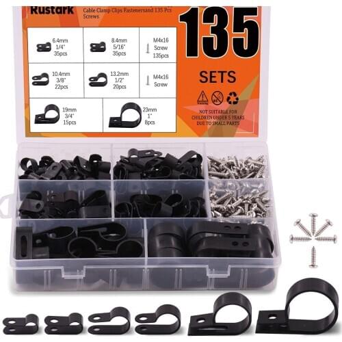 135 Pcs 6 Size Nylon R-Type Cable Clamp Clips Fasteners Assortment kit with Mounting Screw + 135 Pcs Screws Organizer Cord Clips