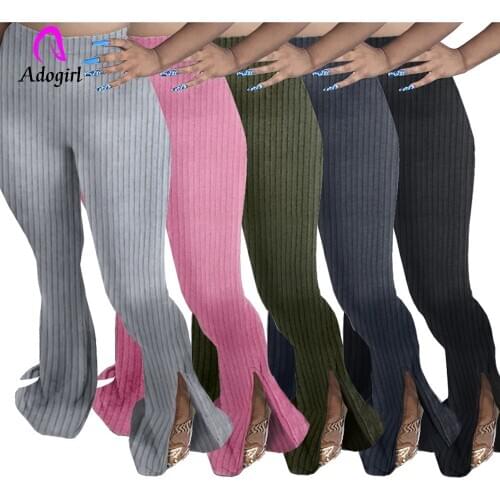 2020 Women Flare Wide Leg Bell Bottom Plus Size Fitness Knitted Yoga Sweatpants Plus Size Flare Split Pants Trousers Leggings