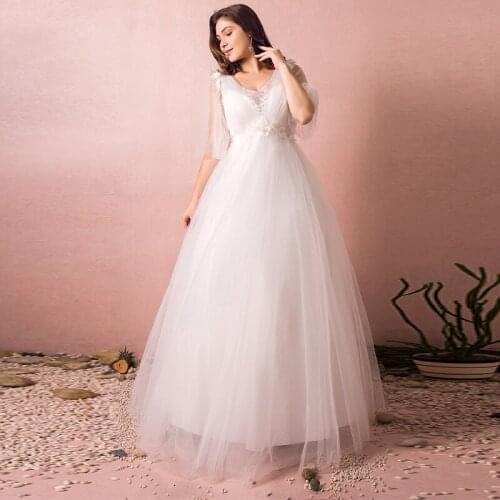 White Half Sleeves Tulle Evening Dress V-Neck Elegant Floor-Length Empire Appliques A-Line Plus Size Women Formal Gowns D1070