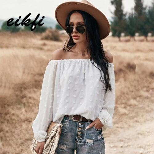 EIKFI White Swiss Dot Long Sleeve Solid Blouse Women Spring Summer Office Lady Off Shoulder Elegant Loose Pink Blouses and Tops