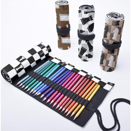 Chess Printed Student Pencil Case For Unisex Funny Casual Canvas Roll Pen Bag 12/24/36/48/72 Holes Harajuku Drawing Storage Bag