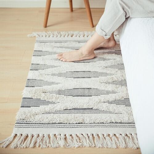 New Retro Bohemian Hand Woven Cotton Linen Carpet Geometric Floor Mat with tassel Living Room Bedroom Rug tapestry Home Decor