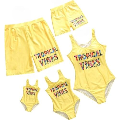Yellow Family Matching Swimwear Mom Daughter Bikini Set Father Son Beach Shorts Baby Boys Girls Swimsuit