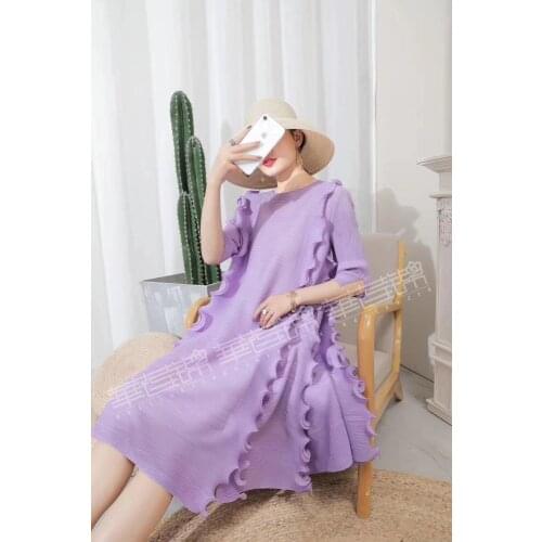 HOT SELLING Miyake fold dress half sleeve solid color Lotus leaf sweet dress IN STOCK