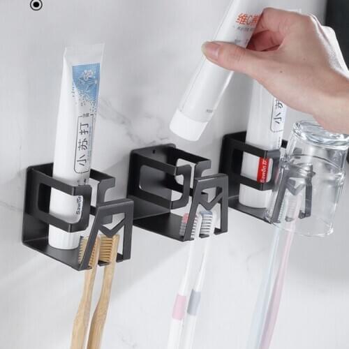 Stainless Steel Toothbrush Holder Punch-free Wall Mount Bathroom Accessory Multi-function Washable Toothpaste Tooth Cup Storage