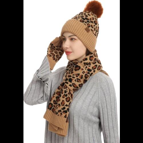 New Scarf Hat Gloves Set Three-Piece Winter Autumn Outdoor Warm Hats Scarves Gloves Set Leopard Print Drop Shipping