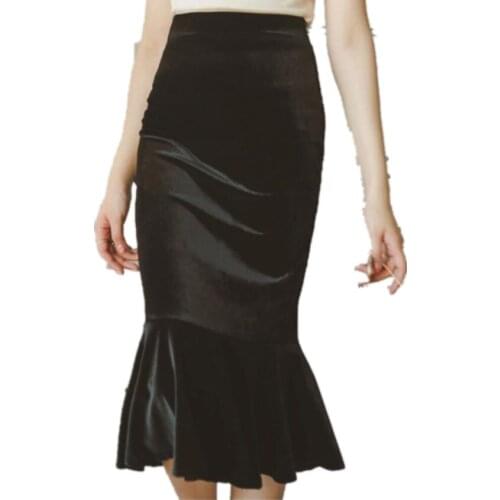Autumn winter vintage velvet trumpet skirt women high waist package hio knee length ol mermaid skirt