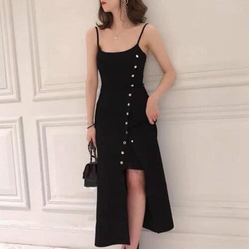 Autumn Women Knitted Sling Midi Dress Ladies Sexy Sleeveless Single-Breasted Split Knitwear Robe