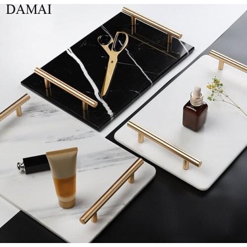 Natural Marble Trays Decorative Household Alloy Storage Tray Dressing Table Cosmetic Jewelry Display Plates Home Decoration