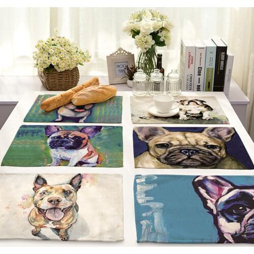 Oil Painting Style Dog Pattern Placemats Restaurant Banquet Cotton Linen Tableware Mat Coffee Coaster Heat Insulation 32*42cm