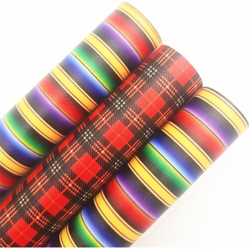 Stripes Tartan Plaids Printed Synthetic Faux Leather Vinly Fabric Sheets with Felt Backing Faux Fabric for DIY Bow 21X29CM 6S03B