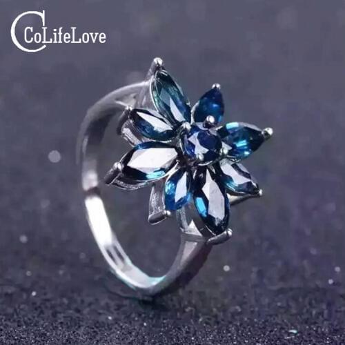 Romantic sapphire flower ring natural dark blue sapphire silver ring solid 925 sterling silver sapphire ring for evening party