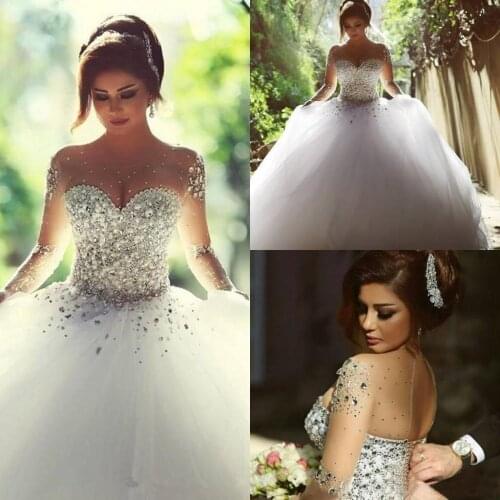 Luxury Wedding Dresses Pearls Beads Crystal Ball Gown Wedding Dress Long Sleeves Backless Floor Length Custom