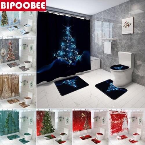 Merry Christmas Bathroom Shower Curtain Set Xmas Tree Non-Slip CarpetBath Mat Sets Pedestal Rug Bathtub Curtains with Hooks