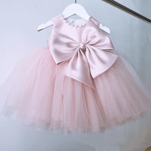 Beaded Bow Flower Tutu Pink Lace Newborn Baby Girl Dresses 1 Year Birthday Baptism Princess Kids Infant Evening Wedding Gown