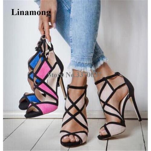 Brand Design Women Fashion Peep Toe Patchwork Colors Thin Heel Sandals Pink Blue Strap Cross High Heel Sandals Dress Shoes