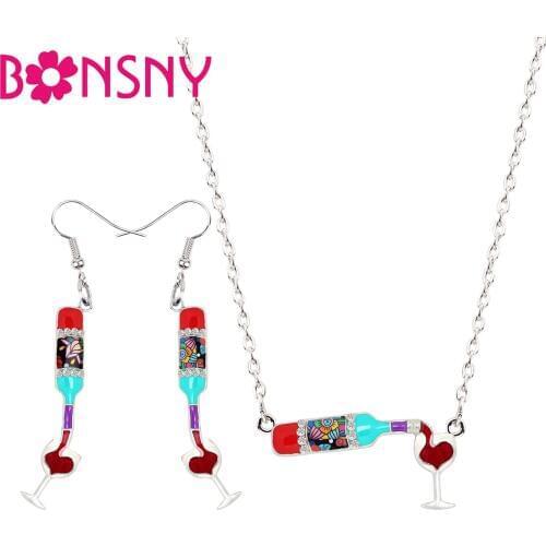 Bonsny Enamel Alloy Red Wine Bottle Cup Earrings Drop Ear Cuff Necklace Pendant Jewelry Sets Novelty Jewelry For Women Girl Gift
