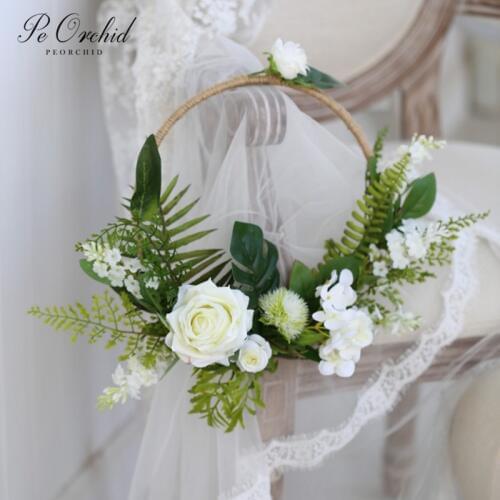 PEORCHID Green White Rose Wedding Door Wreath Floral Hoop Bouquet Modern Wedding Flowers Bouquet Bridal Shower Church Decor