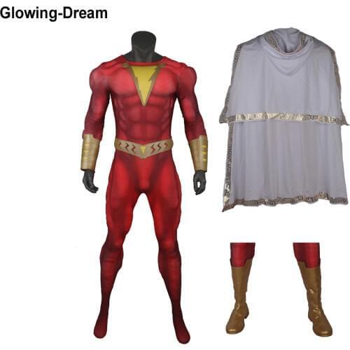 Glowing-Dream Top Quality 3D Muscle Padding Shazam Cosplay Costume With Accessory Movie Shazam Costume For Men