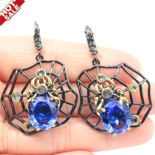 47x33mm Unique Handmade 13.5g Pendant Spider Created Violet Tanzanite Black Gold Silver Earrings Jewelry Set Hiphop