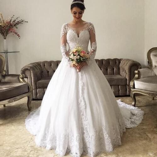 Vintage Sheer Scoop Applique Lace A-line Long Sleeve Wedding Dresses Custom Made robe de mariage 2020 Bridal Gowns