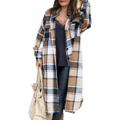Ele-choices Women Autumn Turn Down Collar Long Sleeve Plaid Maxi Shirt Coat Jacket Overcoat