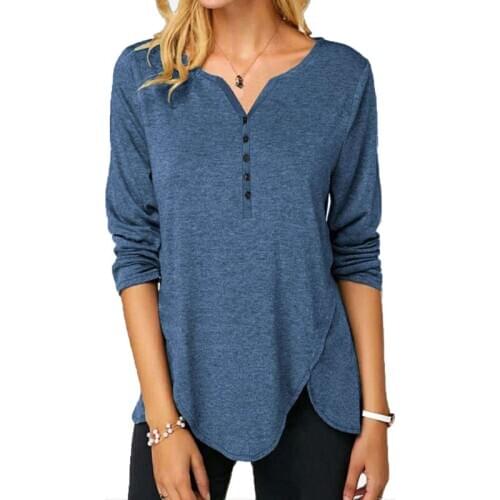 Women V Neck Long Sleeve Button Solid Color Tunic T Shirt Fashion Casual Loose Plus Size Cotton Irregular Pullover Tops