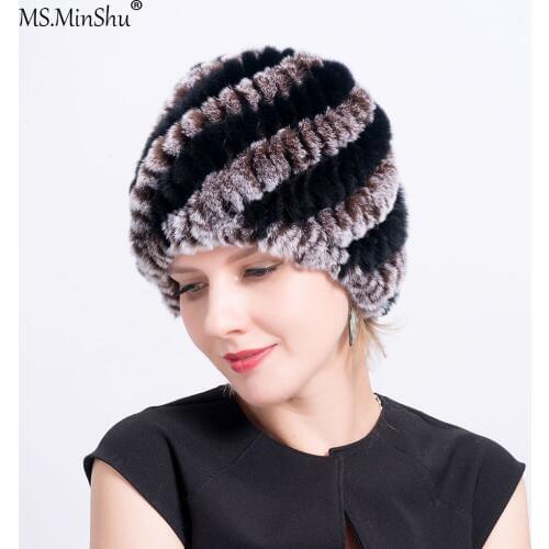 Ms.MinShu Real Rex Rabbit Fur Winter Female Hat Winter Warm Women Cap Hand Knitted Thickness Cap for Winter Rabbit Fur Hat