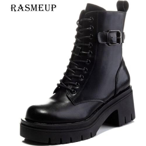RASMEUP Genuine Leather Sonw Women Martin Boots 2021 Fashion Winter British Style Buckle Motorcycle Boots Female High-heel