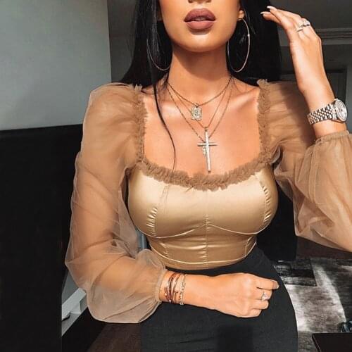 NEW 2020 Summer Autumn Sexy Square Satin Silk Lace Patchwork Women Off shoulder Crop Tops Sheer Shirts Mesh Puff Sleeve Blouse