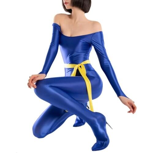 Cosplay Women Slash Neck Oil Shiny Full Bodysuit Smooth Pants Oil Gloosy Sexy Tight Shaping Candy Color Plus Size Sexy Tight F70