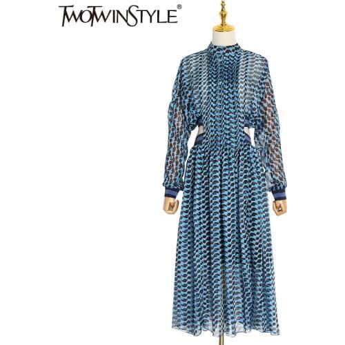 TWOTWINSTYLE Print Hollow Out Dress For Women Stand Collar Long Sleeve High Waist A Line Dresses Female Spring Fashion New 2020