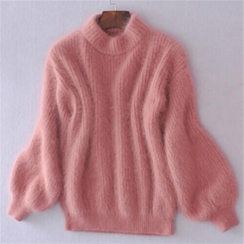 Winter Spring Fashion Casual Thickened Warm Turtleneck Mohair Female Sweater Lantern Sleeve Casual Solid Slim Pullover