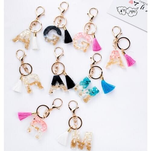 1PC Keyring Tassel English Letter Keychain English Word Glitter Gradient Resin Handbag Charms for Woman Custom Made Welcome New