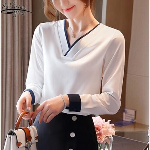 White Long Sleeve Fashion Women Blouses 2021 Autumn Contrasting Color Chiffon Shirt V-neck Office Lady Tops Shirts Blusas 10788